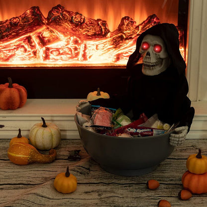 Calavera Halloween Animada Con Cuenco De Dulces Y Ojos Led Y Sonido