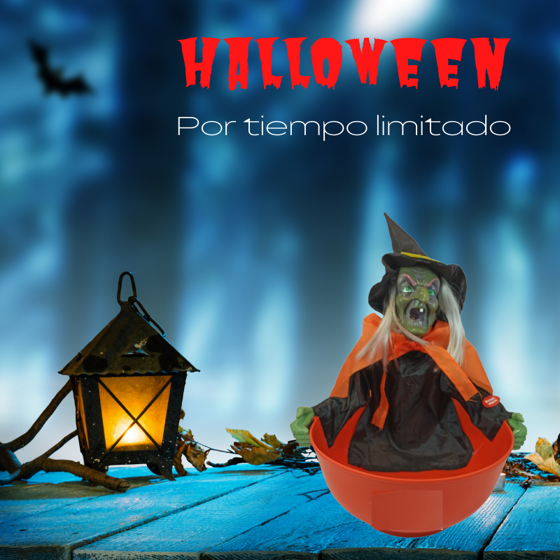 Bruja Interactiva para contener dulce con Sonido y Luz (Atuendo Naranja)