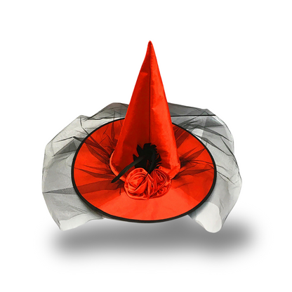 Sombrero De Bruja Rojo Con Rosa Y Velo Corto