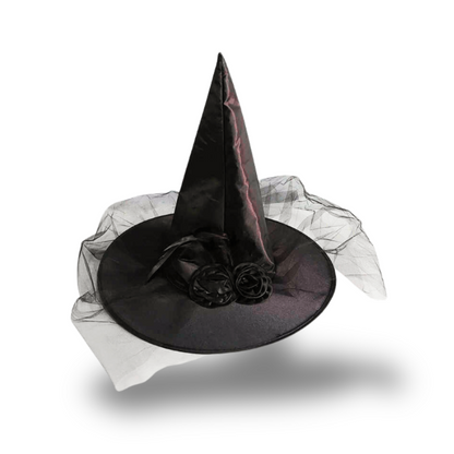 Sombrero De Bruja Negro Con Rosa Y Velo Corto