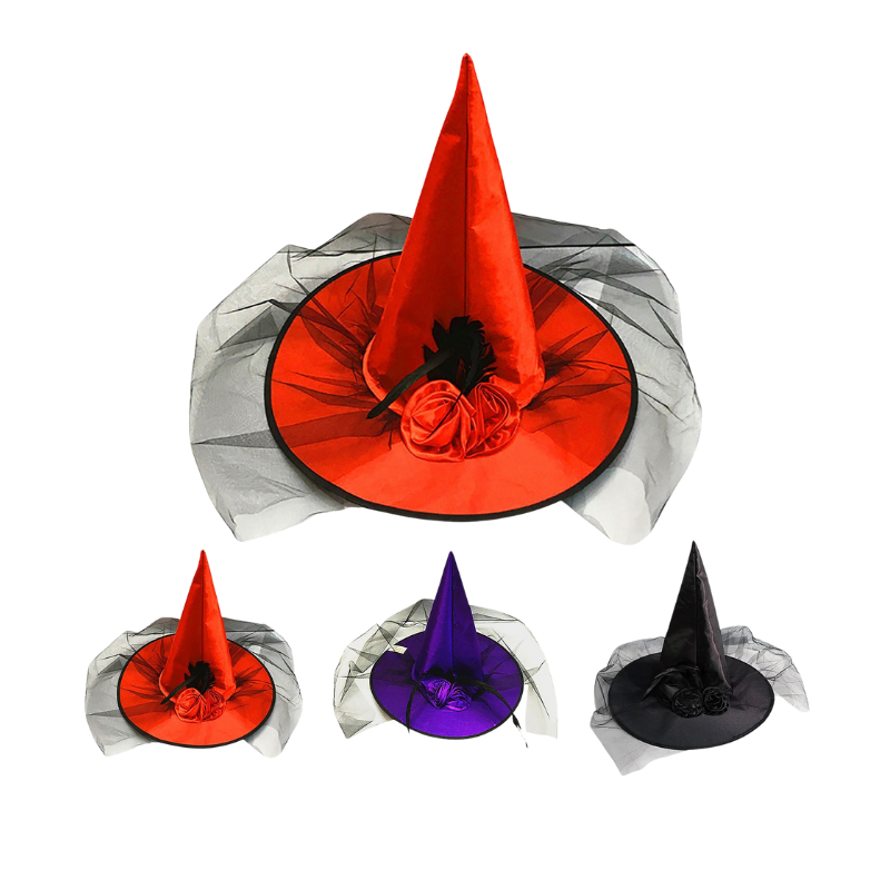 Sombrero De Bruja Rojo Con Rosa Y Velo Corto