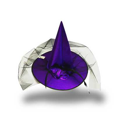 Sombrero De Bruja Morado Con Rosa Y Velo Corto