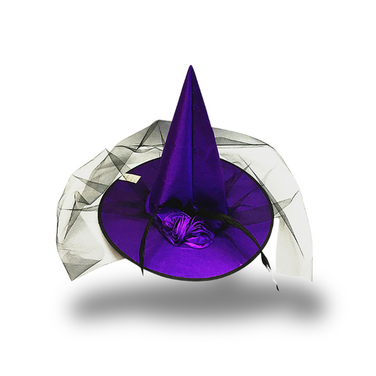 Sombrero De Bruja Morado Con Rosa Y Velo Corto