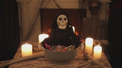 Calavera Halloween Animada Con Cuenco De Dulces Y Ojos Led Y Sonido
